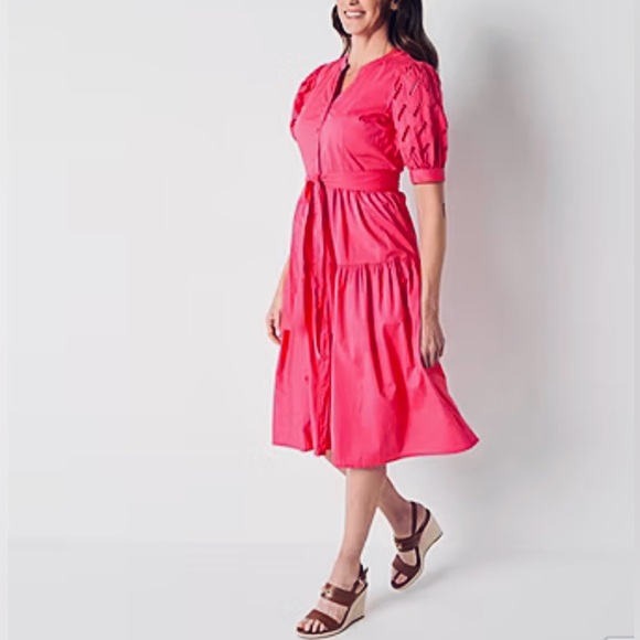 St. John's Bay Short Sleeve Embroidered Floral Midi Fit Flare Dress XXLarge New - Picture 1 of 13